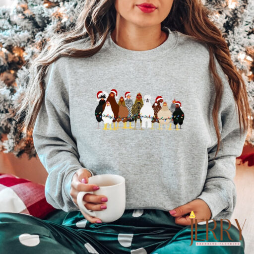 Christmas Chickens Sweatshirt, Cute Chicken Farm Animals Holiday Shirt, Trendy Santa Hat Animal Farmer Heiffer Bull Gift Holidays Crewneck