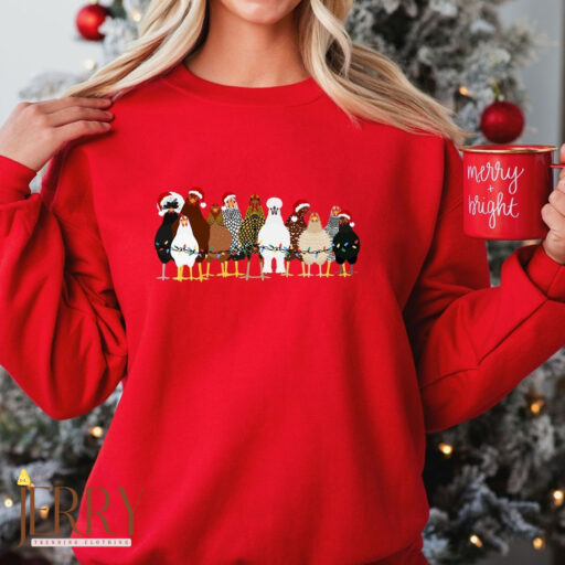 Christmas Chickens Sweatshirt, Cute Chicken Farm Animals Holiday Shirt, Trendy Santa Hat Animal Farmer Heiffer Bull Gift Holidays Crewneck