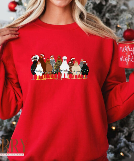 Christmas Chickens Sweatshirt, Cute Chicken Farm Animals Holiday Shirt, Trendy Santa Hat Animal Farmer Heiffer Bull Gift Holidays Crewneck