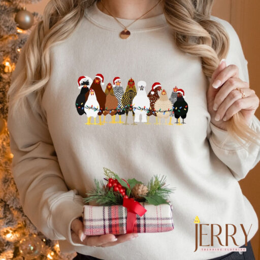 Christmas Chickens Sweatshirt, Cute Chicken Farm Animals Holiday Shirt, Trendy Santa Hat Animal Farmer Heiffer Bull Gift Holidays Crewneck