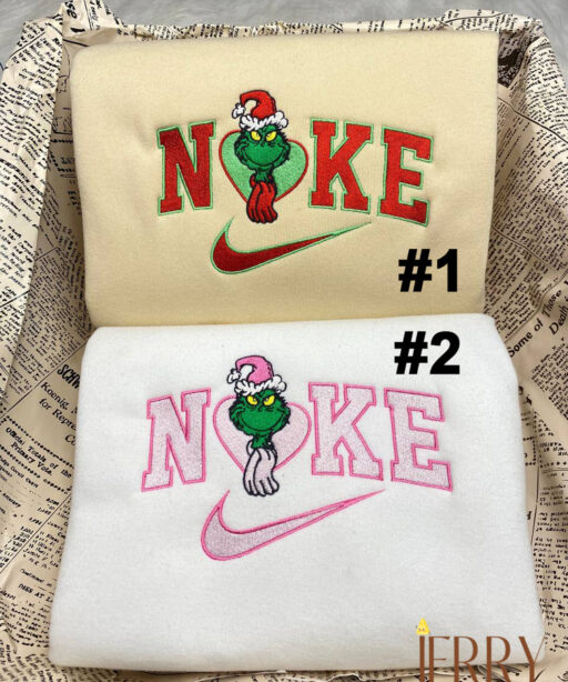Cute Grinch Couple Nike Embroidered Sweatshirt, Xmas Gift for Couple