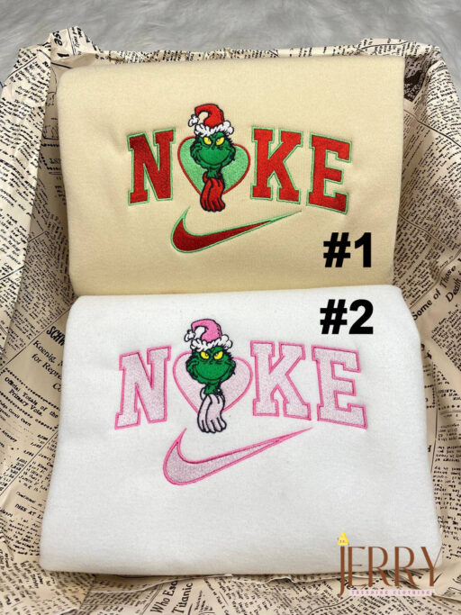 Cute Grinch Couple Nike Embroidered Sweatshirt, Xmas Gift for Couple