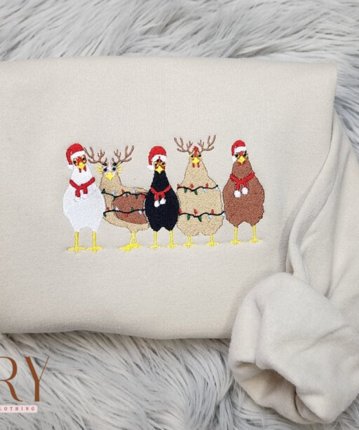 Embroidered Christmas Chickens Sweatshirt - Funny Christmas Chickens Embroidered Unisex Sweatshirt or Hooded Sweatshirt