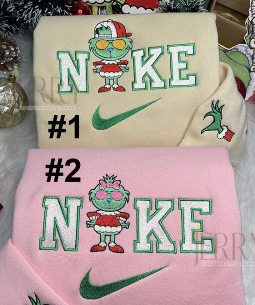 Grinch Boy And Grinch Girl Christmas Nike Embroidered Sweatshirt, Xmas Gift for Family