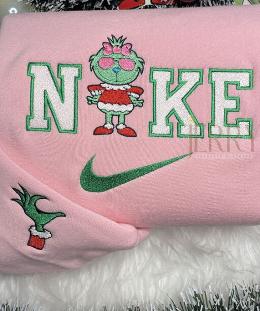 Grinch Boy And Grinch Girl Christmas Nike Embroidered Sweatshirt, Xmas Gift for Family