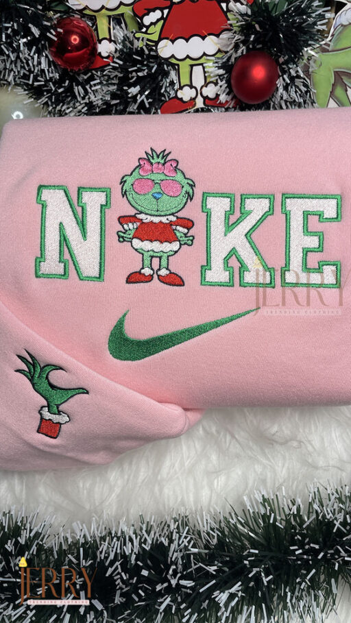 Grinch Boy And Grinch Girl Christmas Nike Embroidered Sweatshirt, Xmas Gift for Family