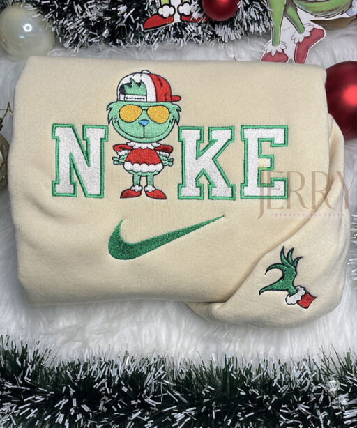 Grinch Boy And Grinch Girl Christmas Nike Embroidered Sweatshirt, Xmas Gift for Family