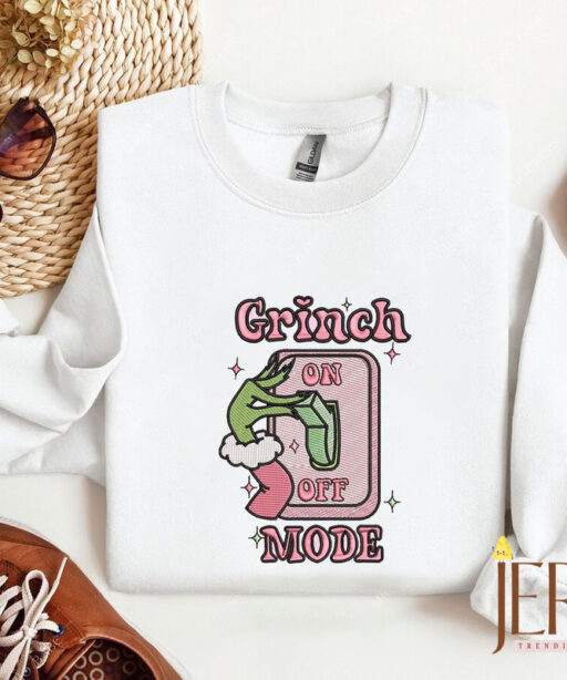 Grinch On Off Mode Christmas Embroidered Sweatshirt