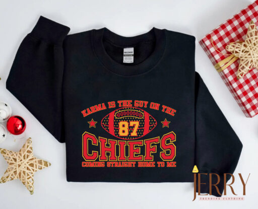 Retro Taylor Swift Travis Kelce Karma Is The Guy On The Chiefs Sweatshirt, Karma Sweatshirt