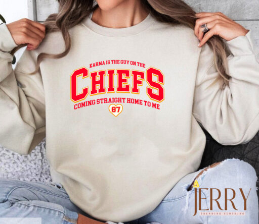 Retro Taylor Swift Travis Kelce Karma Is The Guy On The Chiefs Sweatshirt, Karma Taylor Swift Sweatshirt