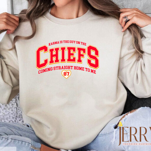 Retro Taylor Swift Travis Kelce Karma Is The Guy On The Chiefs Sweatshirt, Karma Taylor Swift Sweatshirt