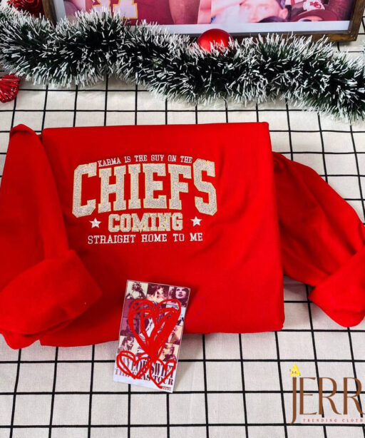 Vintage Karma Is The Guy On The Chiefs Taylor Swift Embroidered Sweatshirt , Travis Kelce Kansas City Chiefs Embroidered Sweatshirt