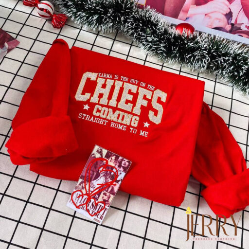 Vintage Karma Is The Guy On The Chiefs Taylor Swift Embroidered Sweatshirt , Travis Kelce Kansas City Chiefs Embroidered Sweatshirt