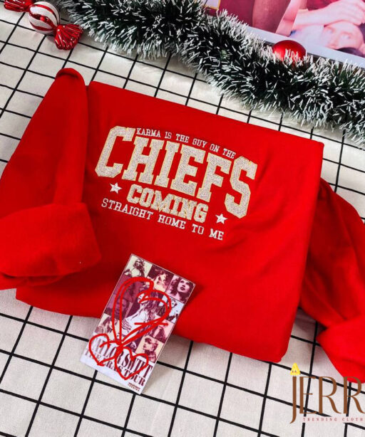 Vintage Karma Is The Guy On The Chiefs Taylor Swift Embroidered Sweatshirt , Travis Kelce Kansas City Chiefs Embroidered Sweatshirt