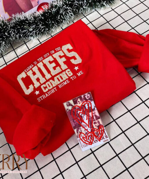 Vintage Karma Is The Guy On The Chiefs Taylor Swift Embroidered Sweatshirt , Travis Kelce Kansas City Chiefs Embroidered Sweatshirt