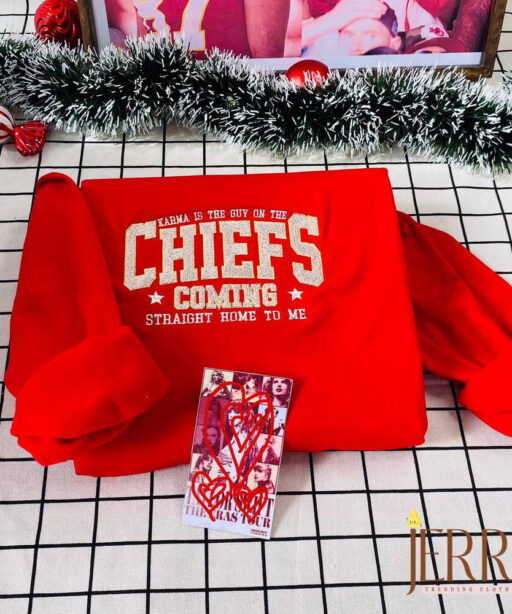 Vintage Karma Is The Guy On The Chiefs Taylor Swift Embroidered Sweatshirt , Travis Kelce Kansas City Chiefs Embroidered Sweatshirt