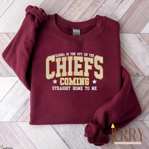 Vintage Karma Is The Guy On The Chiefs Taylor Swift Embroidered Sweatshirt , Travis Kelce Kansas City Chiefs Embroidered Sweatshirt