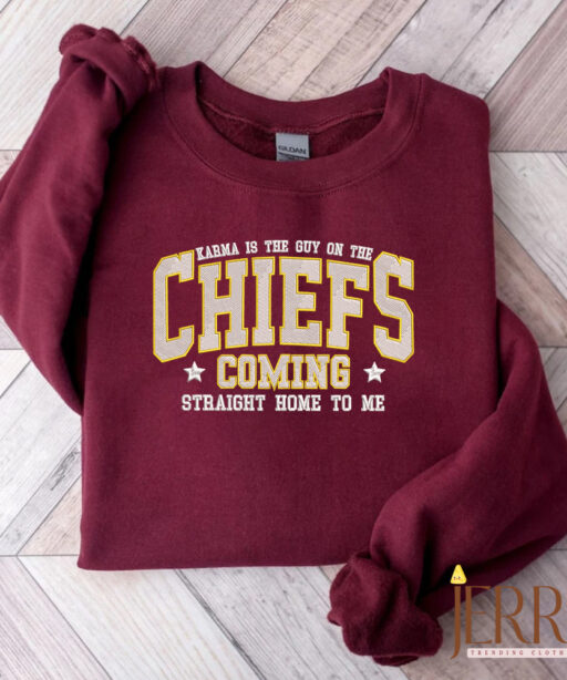 Vintage Karma Is The Guy On The Chiefs Taylor Swift Embroidered Sweatshirt , Travis Kelce Kansas City Chiefs Embroidered Sweatshirt