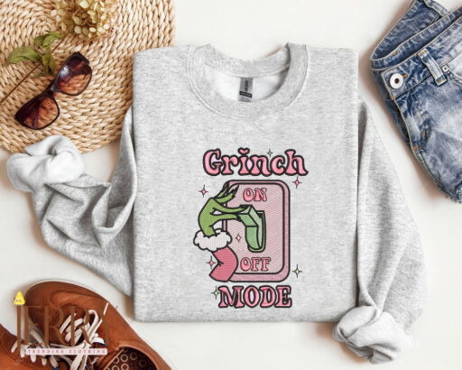 Grinch On Off Mode Christmas Embroidered Sweatshirt