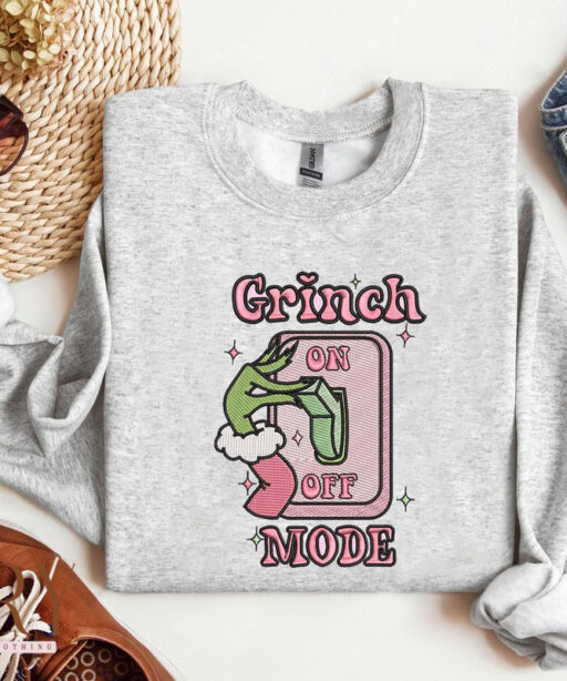 Grinch On Off Mode Christmas Embroidered Sweatshirt