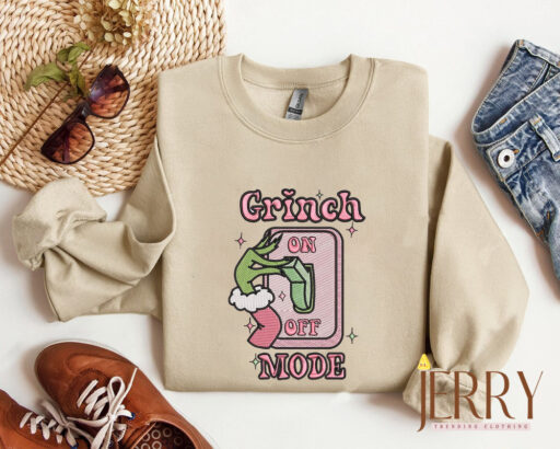 Grinch On Off Mode Christmas Embroidered Sweatshirt