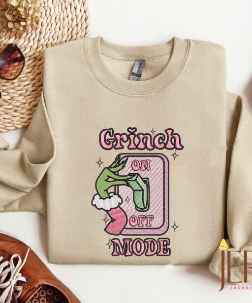 Grinch On Off Mode Christmas Embroidered Sweatshirt