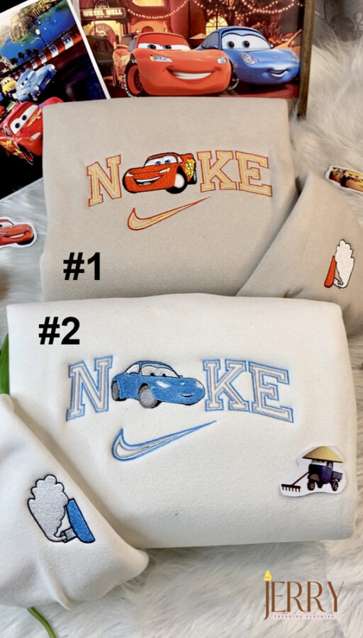 Lightning McQueen And Sally Disney Pixars Cars Nike Embroidered Sweatshirt, Valentines Day Gift For Couple