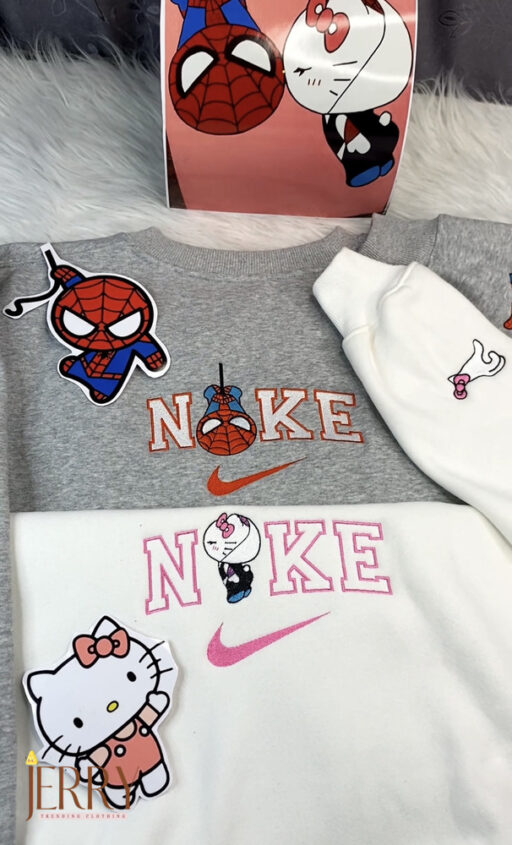 Spider Man and Hello Kitty As Gwen Stacy Disney Nike Embroidered Sweatshirt, Valentine Gift for Couple