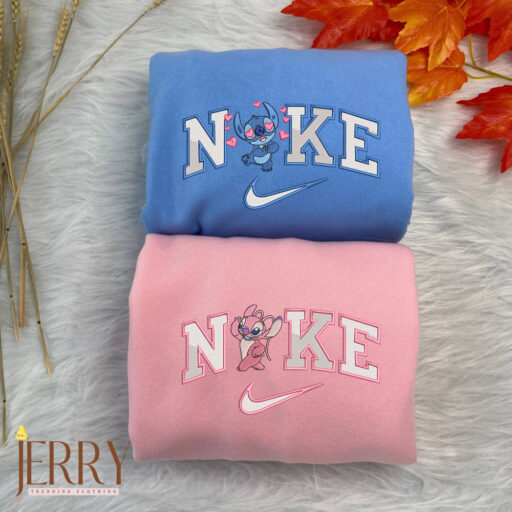Stitch and Angel Disney Nike Embroidered Sweatshirt, Valentines Day Gift for Couple