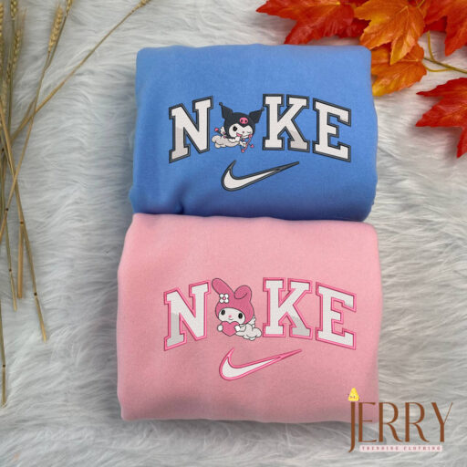 Kuromi and My Melody Nike Embroidered Sweatshirt, Couples Embroidered Hoodies