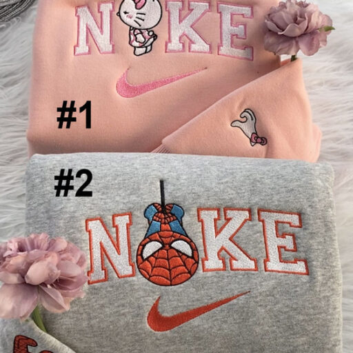 Cheap Hello Kitty And Spiderman Nike Embroidered Sweatshirt, Valentines Day Gift For Couple