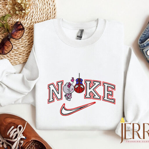 Cute Hello Kitty And Spiderman Nike Embroidered Sweatshirt, Valentines Day Gift For Couple