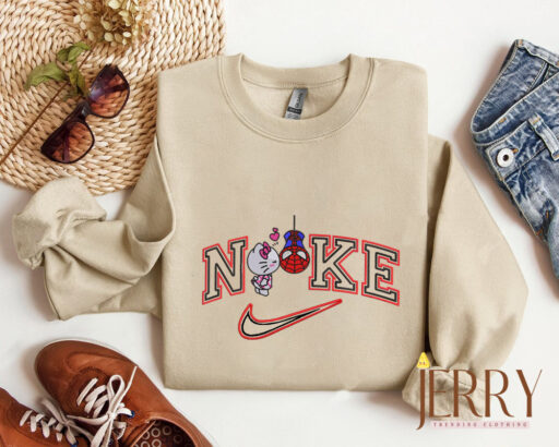 Cute Hello Kitty And Spiderman Nike Embroidered Sweatshirt, Valentines Day Gift For Couple