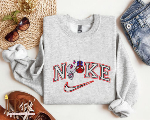 Cute Hello Kitty And Spiderman Nike Embroidered Sweatshirt, Valentines Day Gift For Couple