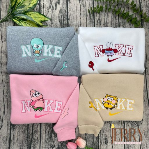 Mr. Krabs Squidward Patrick Spongebob Chibi Nike Embroidered Sweatshirt, Matching Embroidered Hoodies