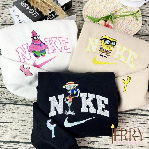 Cool Patrick Star Squidward Spongebob Nike Embroidered Sweatshirt, Best Gift For Bestie