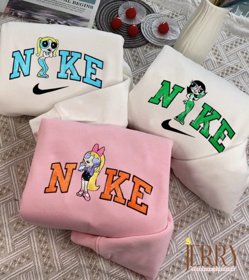Cute Powerpuff Girls Nike Embroidered Sweatshirts, Nike Couple Embroidery, Best Gift For Besties