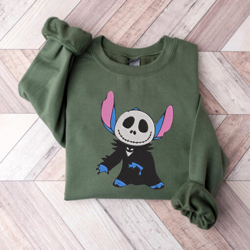 Spooky Stich Cosplay Jack Skellington Embroidered Halloween Sweatshirt, Disney Halloween Sweatshirt