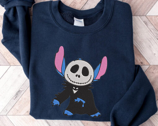 Spooky Stich Cosplay Jack Skellington Embroidered Halloween Sweatshirt, Disney Halloween Sweatshirt