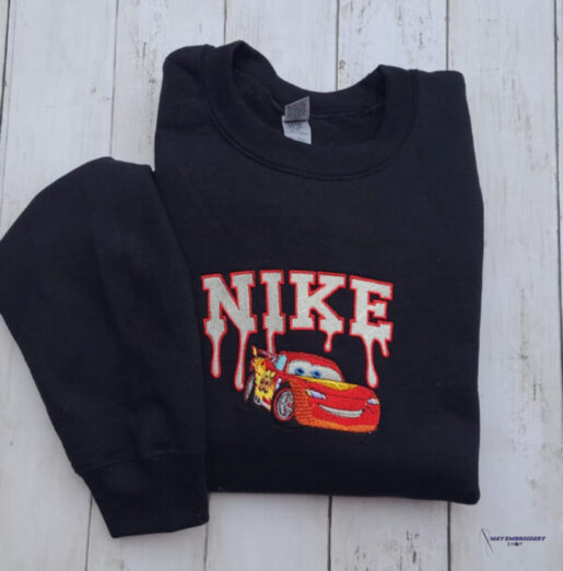 Nike Lightning McQueen Embroidered Hoodie, Trendy Nike Embroidered Sweatshirt