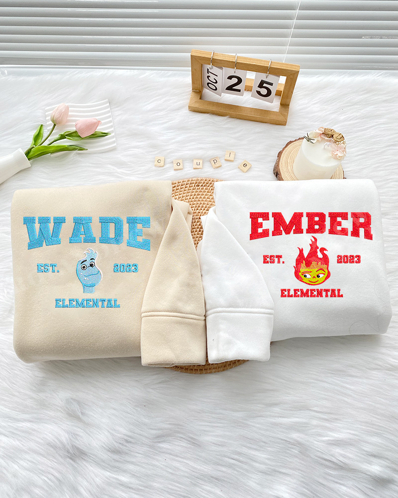Elemental Couple Wave and Ember Embroidery Shirt