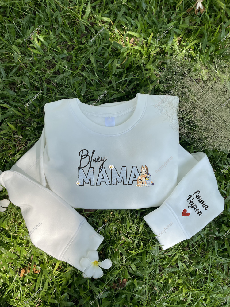 Personalized Bluey Mama Shirt, Custom Name on Sleeve Shirt, Mother's Day Shirt