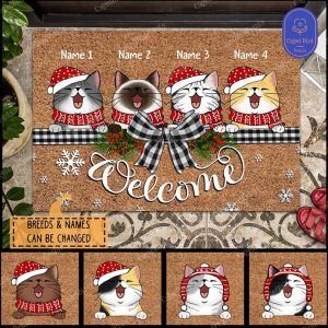 Personalized Cat Christmas Doormat, Cat Welcome Doormat, Christmas Cat Doormat, Custom Cat Doormat, Cat Lover Gift, Holiday Doormat