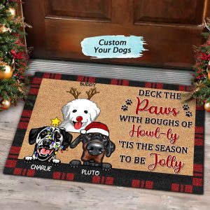 Deck The Paws With Boughs Dog Doormat, Christmas Gift, Personalized Custom Doormat, Dog Christmas Doormat, Gift For Dog Lovers