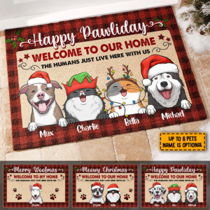 Happy Pawliday Welcome To Our Home Doorma, Personalized Pet Decorative Mat, Custom Cat Christmas Doormat, Dog Doormat Gift