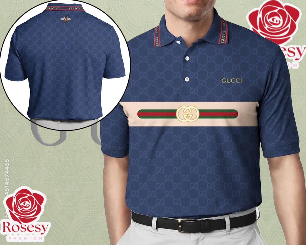 Cheap Navy Blue Gucci Monogram Bee Polo Shirt, Gucci Collared Shirt