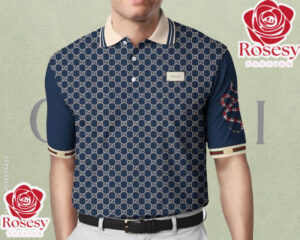 Cheap Navy Blue Gucci Monogram Bee Polo Shirt, Gucci Collared