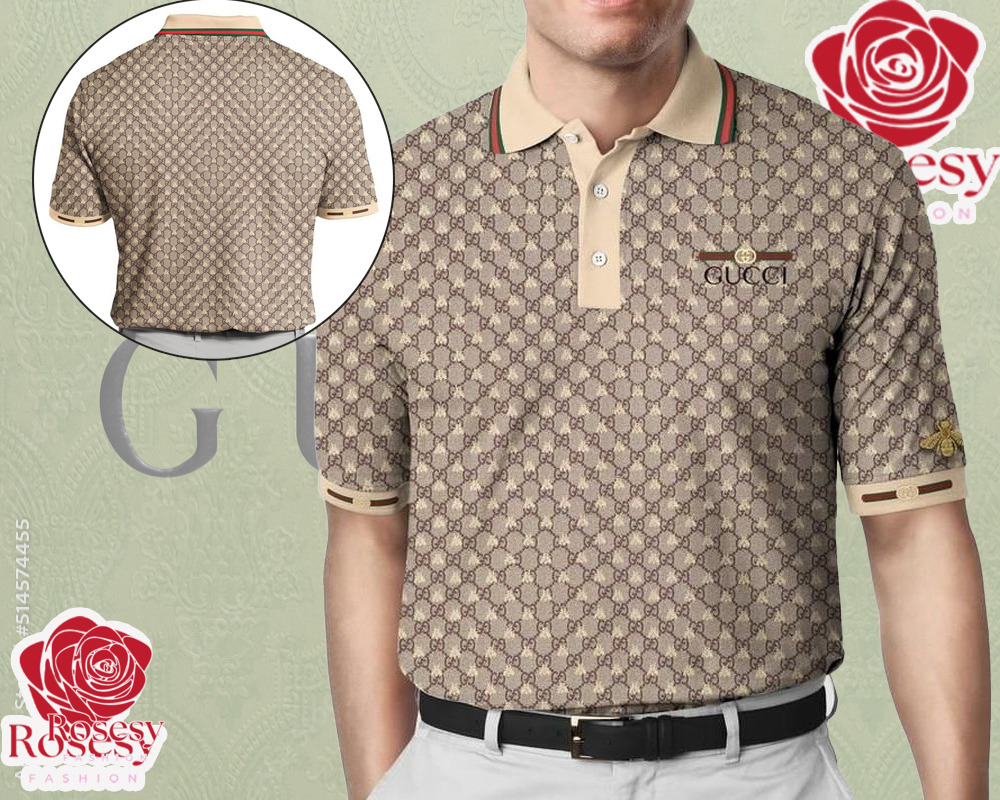 Cheap Brown Gucci Monogram Polo Shirt, Gucci Collar Shirt For Men