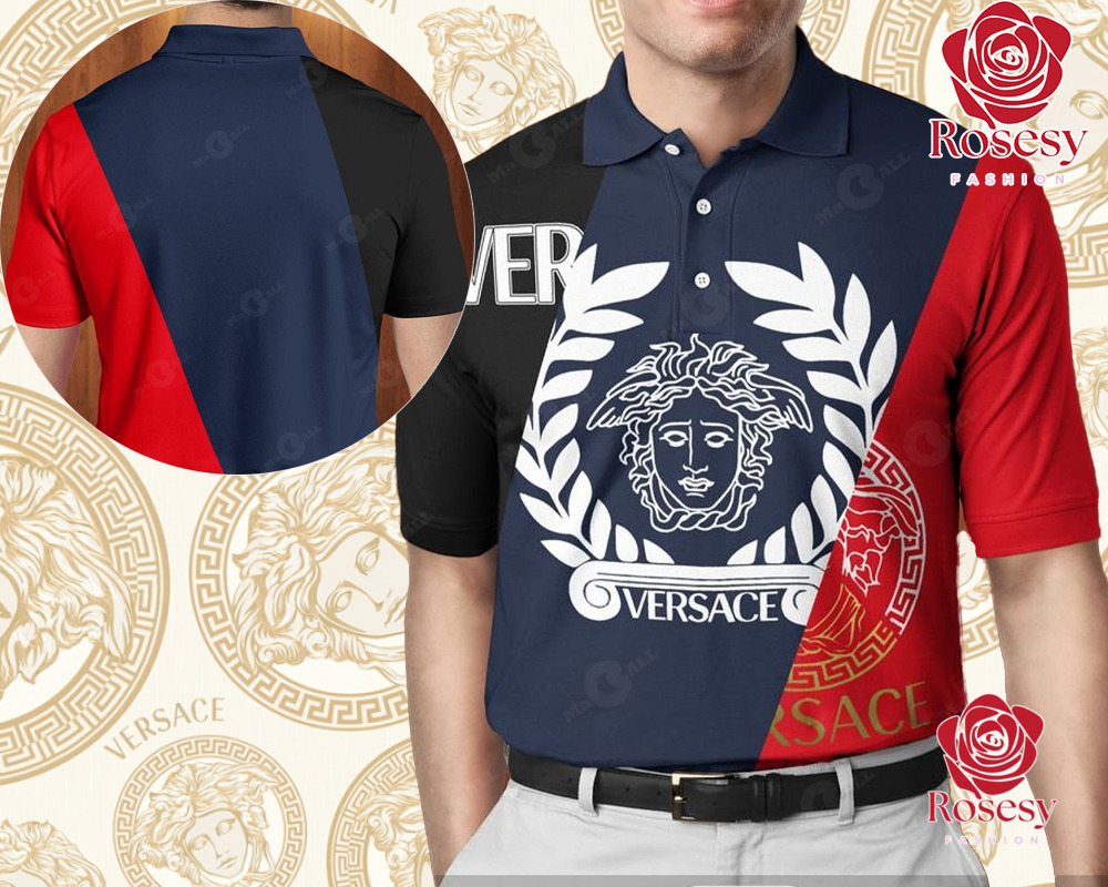 Cheap Red And Navy Medusa Pattern Logo Versace Polo Shirt