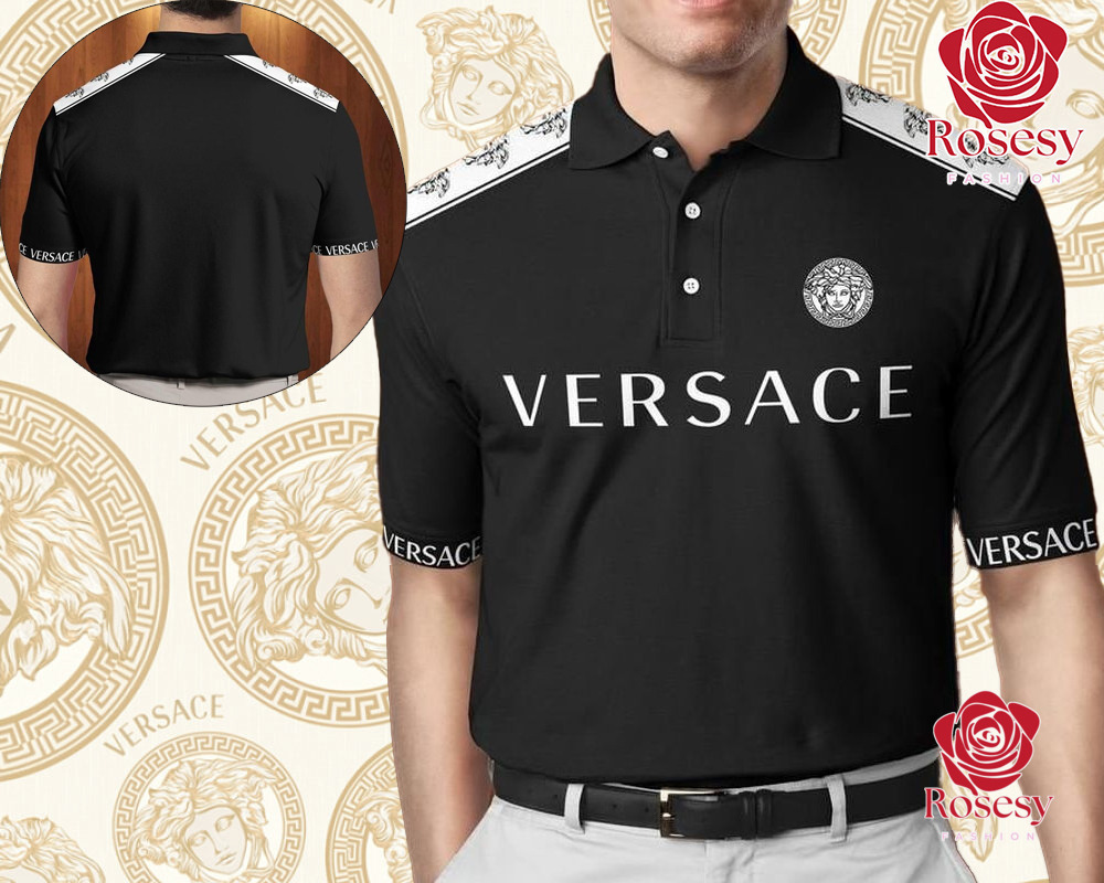 Cheap Medusa Pattern Logo Versace Black Polo Shirt, Versace Collared Shirt